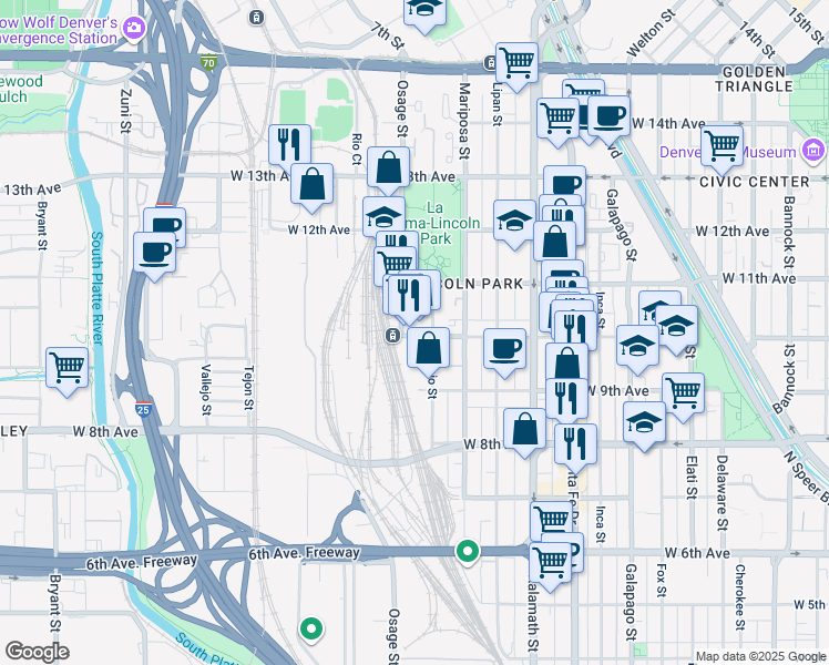 map of restaurants, bars, coffee shops, grocery stores, and more near 1000 Osage Street in Denver