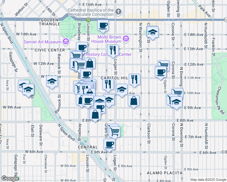 map of restaurants, bars, coffee shops, grocery stores, and more near 420 East 10th Avenue in Denver