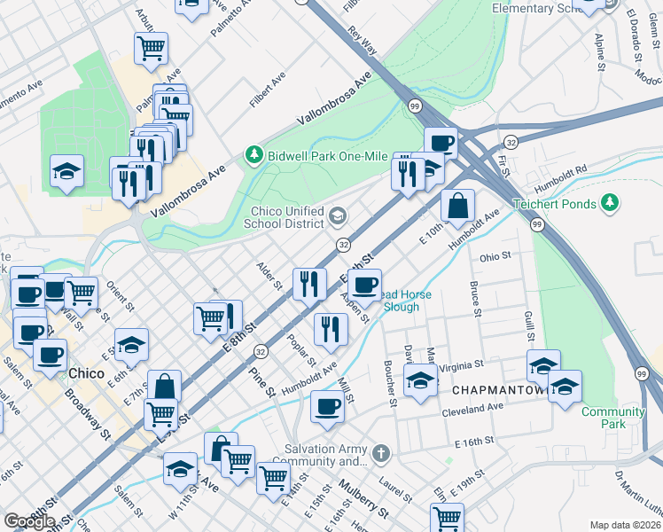 map of restaurants, bars, coffee shops, grocery stores, and more near 1077 East 8th Street in Chico