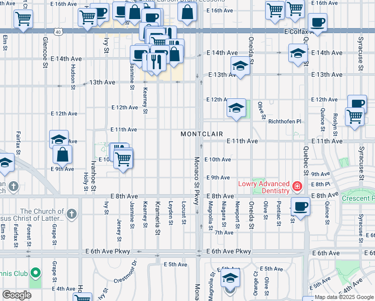 map of restaurants, bars, coffee shops, grocery stores, and more near 1015 North Monaco Parkway in Denver