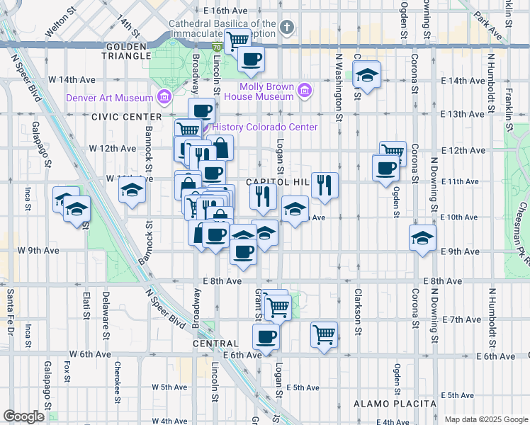 map of restaurants, bars, coffee shops, grocery stores, and more near 1000 North Grant Street in Denver