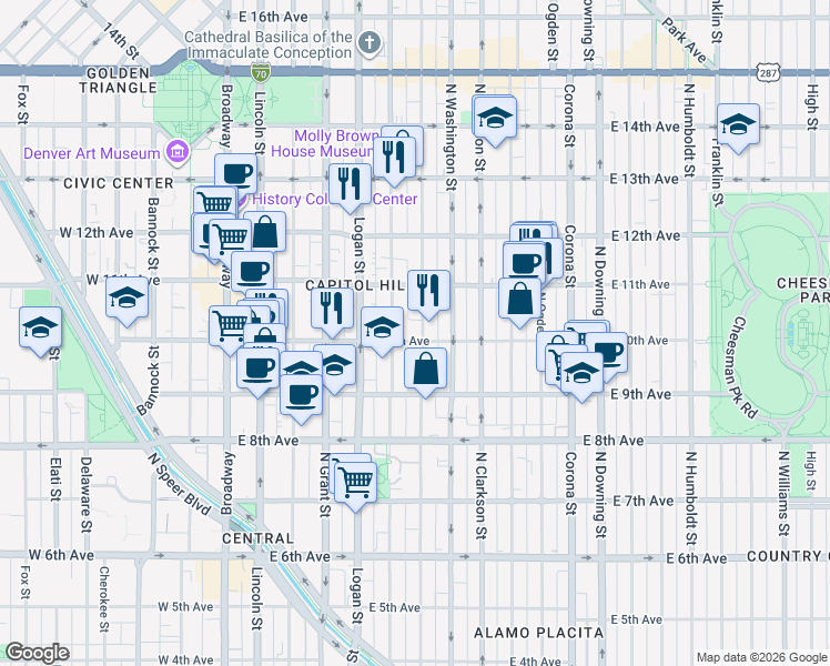 map of restaurants, bars, coffee shops, grocery stores, and more near 970 Pennsylvania Street in Denver