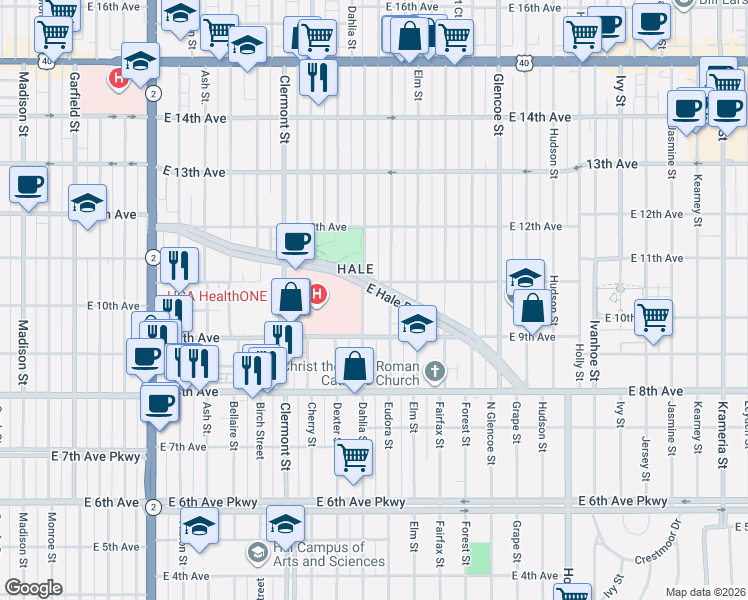 map of restaurants, bars, coffee shops, grocery stores, and more near 4800 East Hale Parkway in Denver