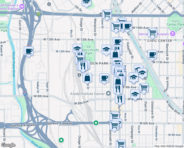 map of restaurants, bars, coffee shops, grocery stores, and more near 1255 West 10th Avenue in Denver