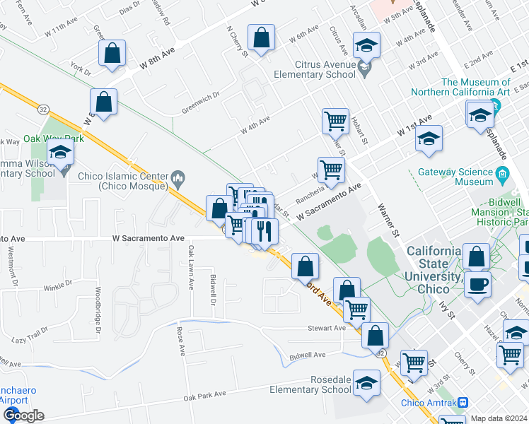 map of restaurants, bars, coffee shops, grocery stores, and more near 1050 Columbus Avenue in Chico