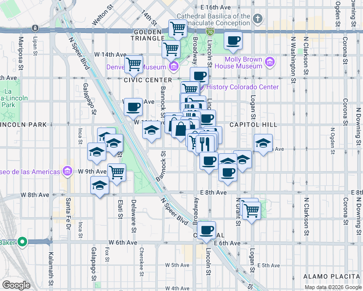 map of restaurants, bars, coffee shops, grocery stores, and more near 50 West 10th Avenue in Denver
