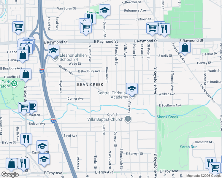 map of restaurants, bars, coffee shops, grocery stores, and more near 2487 Dawson Street in Indianapolis