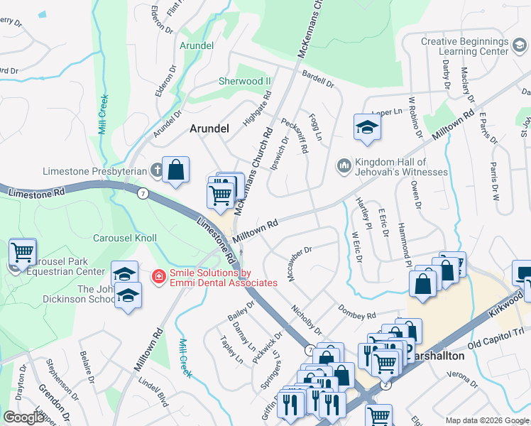map of restaurants, bars, coffee shops, grocery stores, and more near 1215 Milltown Road in Wilmington