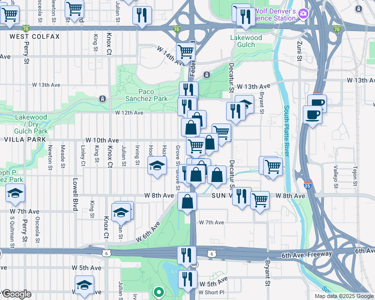map of restaurants, bars, coffee shops, grocery stores, and more near 945 Federal Boulevard in Denver