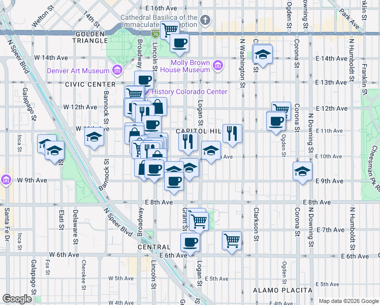 map of restaurants, bars, coffee shops, grocery stores, and more near 1000 Grant Street in Denver
