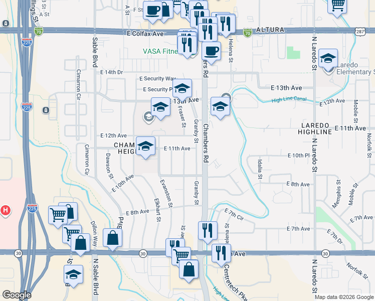 map of restaurants, bars, coffee shops, grocery stores, and more near 1087 Granby Street in Aurora