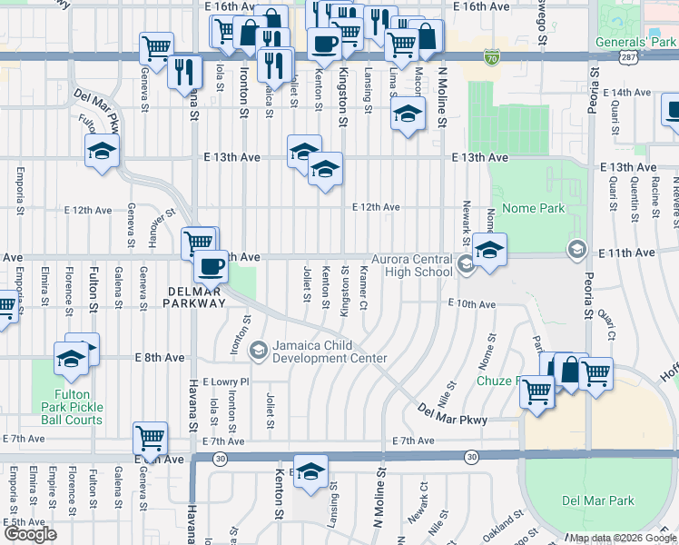 map of restaurants, bars, coffee shops, grocery stores, and more near 1055 Kingston Street in Aurora