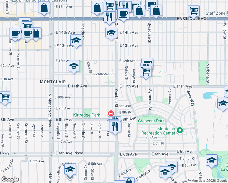 map of restaurants, bars, coffee shops, grocery stores, and more near 1011 Quebec Street in Denver
