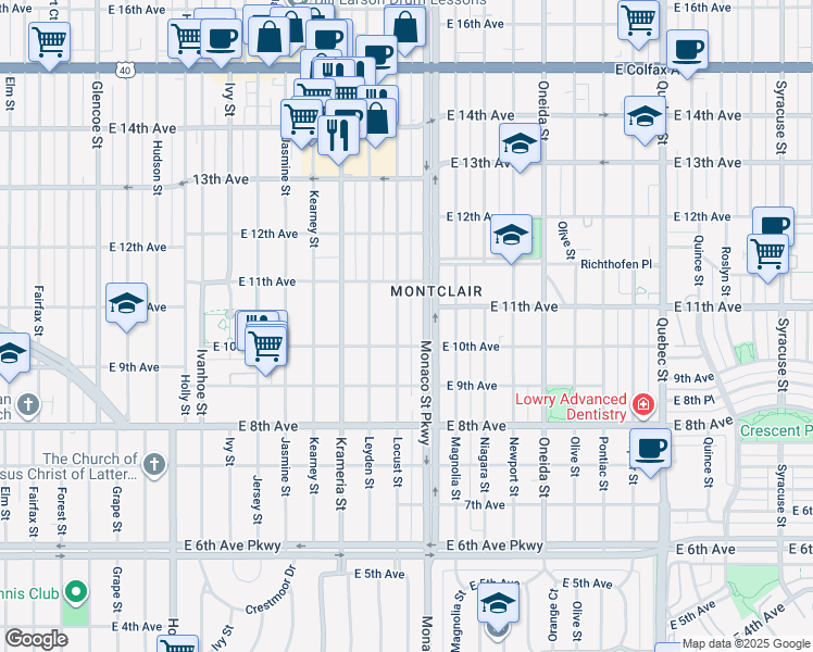 map of restaurants, bars, coffee shops, grocery stores, and more near 1015 North Monaco Parkway in Denver