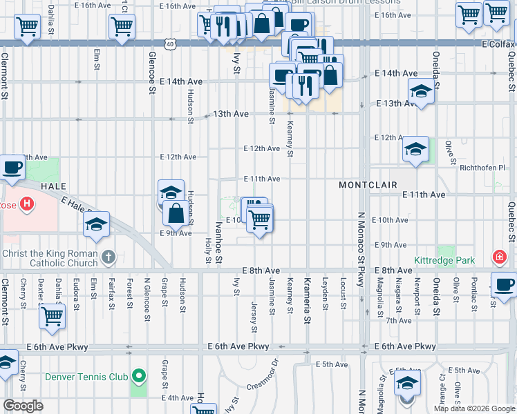 map of restaurants, bars, coffee shops, grocery stores, and more near 1020 Jersey Street in Denver