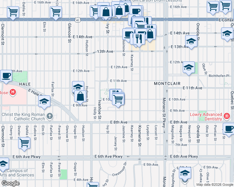 map of restaurants, bars, coffee shops, grocery stores, and more near 5955 East 10th Avenue in Denver