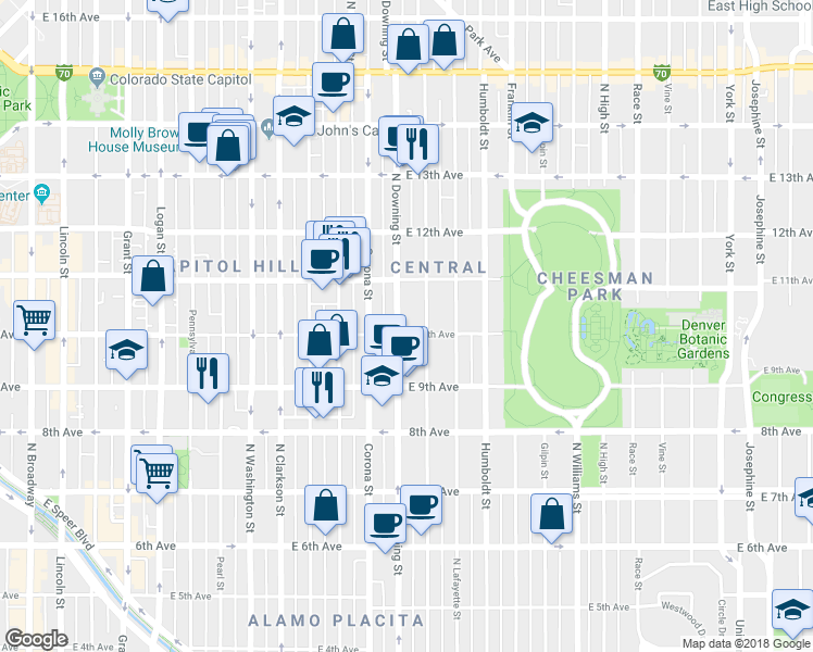 map of restaurants, bars, coffee shops, grocery stores, and more near 976 North Downing Street in Denver