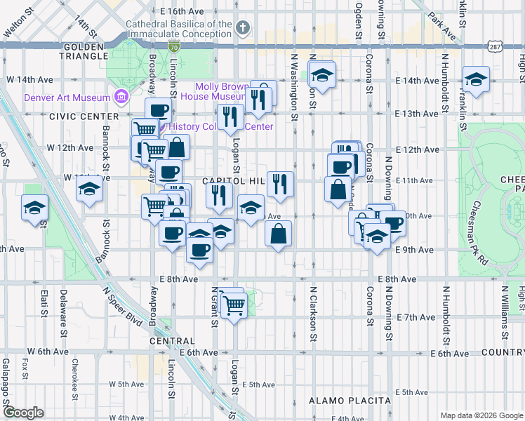map of restaurants, bars, coffee shops, grocery stores, and more near 970 Pennsylvania Street in Denver