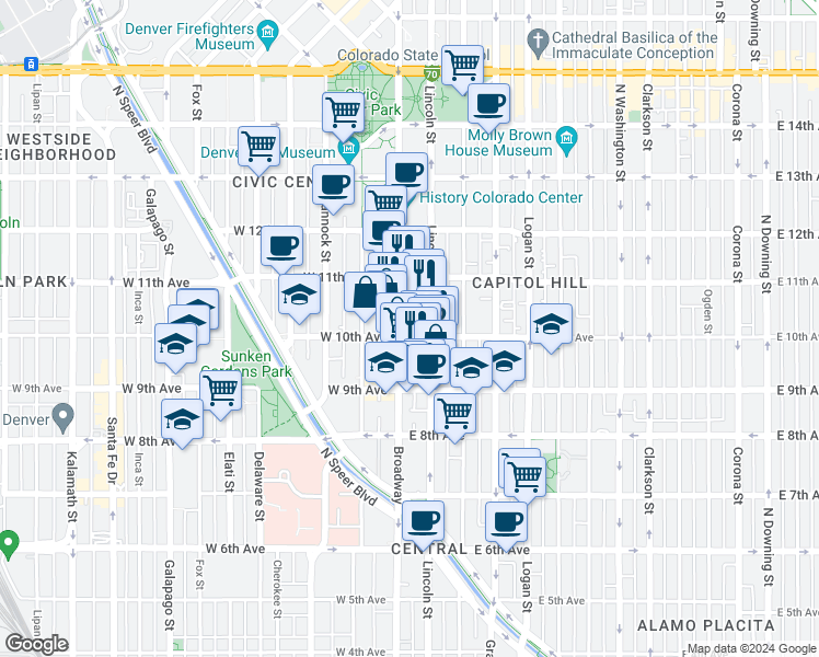 map of restaurants, bars, coffee shops, grocery stores, and more near 44 East 10th Avenue in Denver