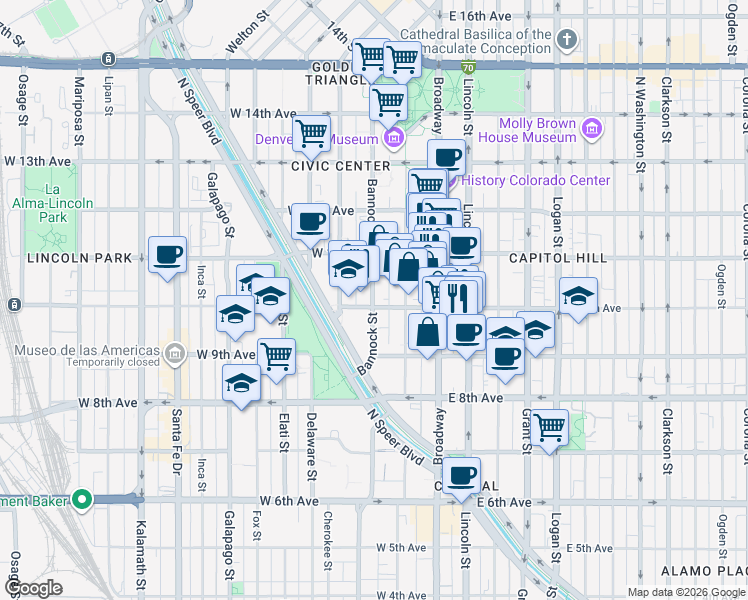 map of restaurants, bars, coffee shops, grocery stores, and more near in Denver