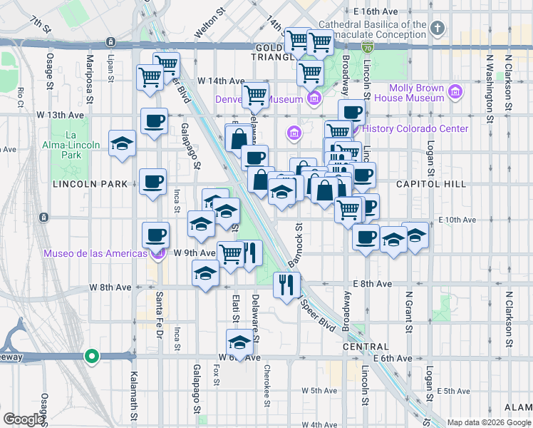map of restaurants, bars, coffee shops, grocery stores, and more near 901 Cherokee Street in Denver
