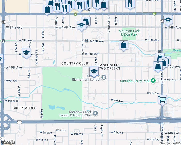 map of restaurants, bars, coffee shops, grocery stores, and more near 930 Kendall Street in Lakewood