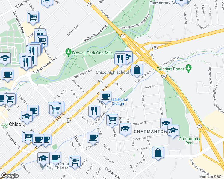 map of restaurants, bars, coffee shops, grocery stores, and more near 1158 East 10th Street in Chico