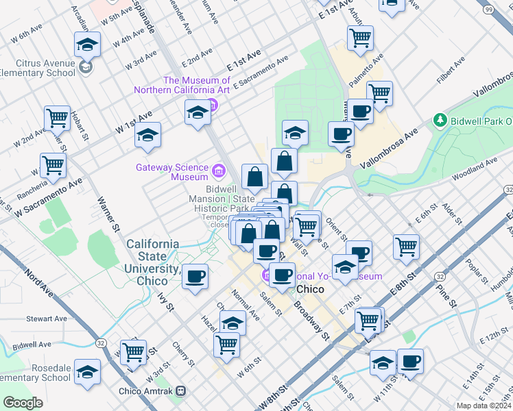 map of restaurants, bars, coffee shops, grocery stores, and more near 500 Esplanade in Chico