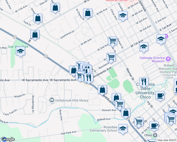 map of restaurants, bars, coffee shops, grocery stores, and more near 1060 Columbus Avenue in Chico