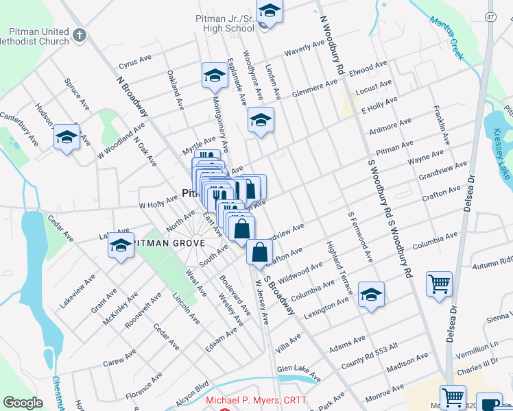 map of restaurants, bars, coffee shops, grocery stores, and more near 118 Oakcrest Avenue in Pitman