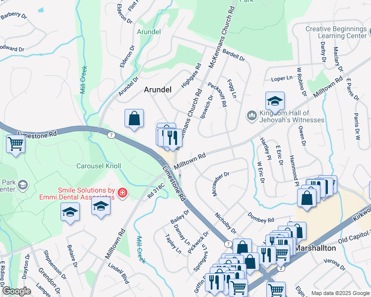 map of restaurants, bars, coffee shops, grocery stores, and more near 1306 McKennans Church Road in Wilmington