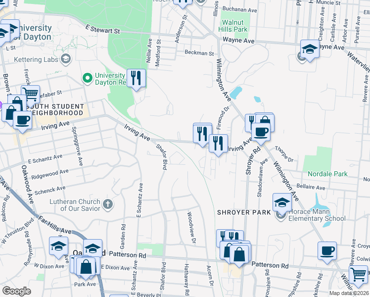 map of restaurants, bars, coffee shops, grocery stores, and more near 210 Shafor Boulevard in Dayton