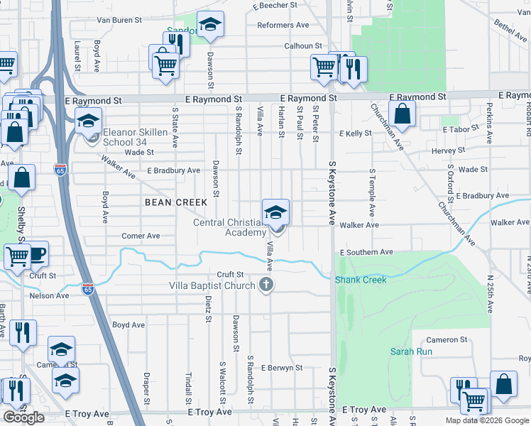 map of restaurants, bars, coffee shops, grocery stores, and more near 2526 Villa Avenue in Indianapolis