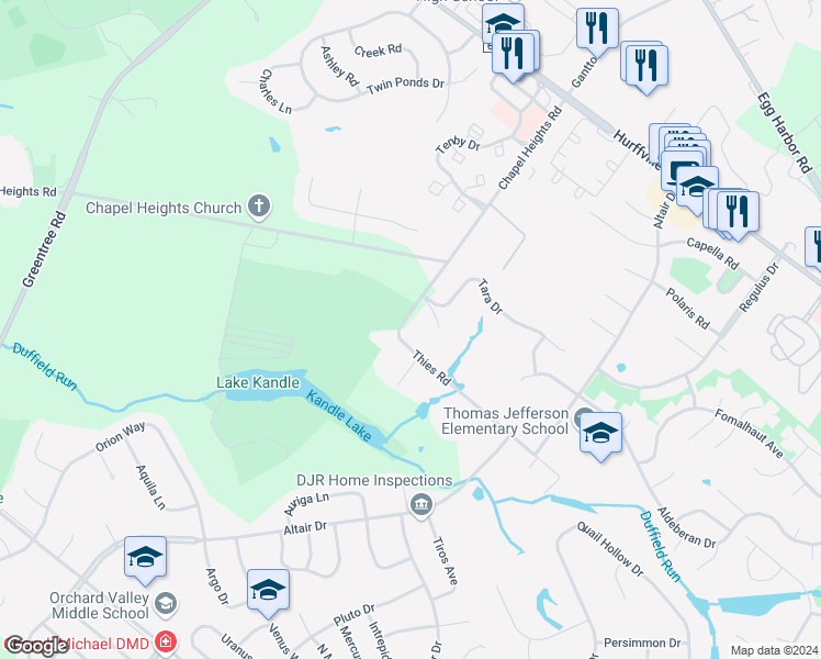map of restaurants, bars, coffee shops, grocery stores, and more near 123 Thies Road in Washington Township