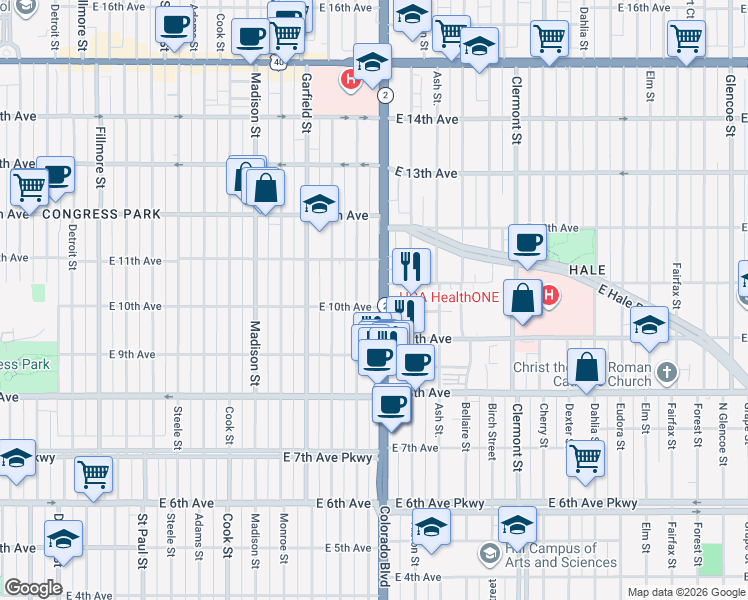 map of restaurants, bars, coffee shops, grocery stores, and more near 3940 East 10th Avenue in Denver