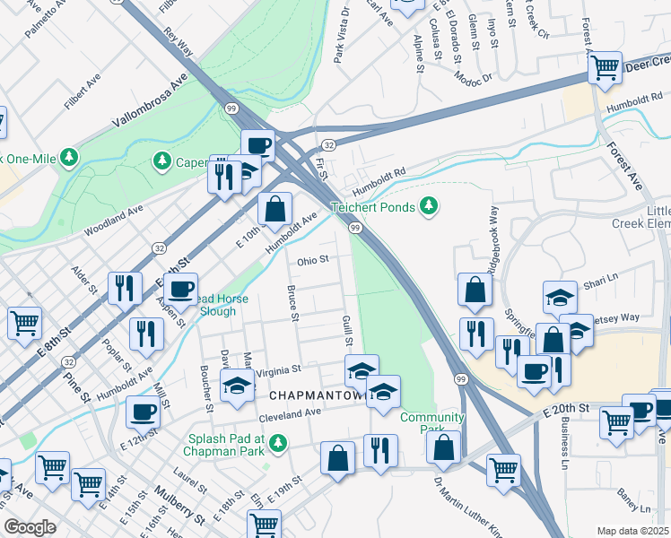 map of restaurants, bars, coffee shops, grocery stores, and more near 1223 Guill Street in Chico