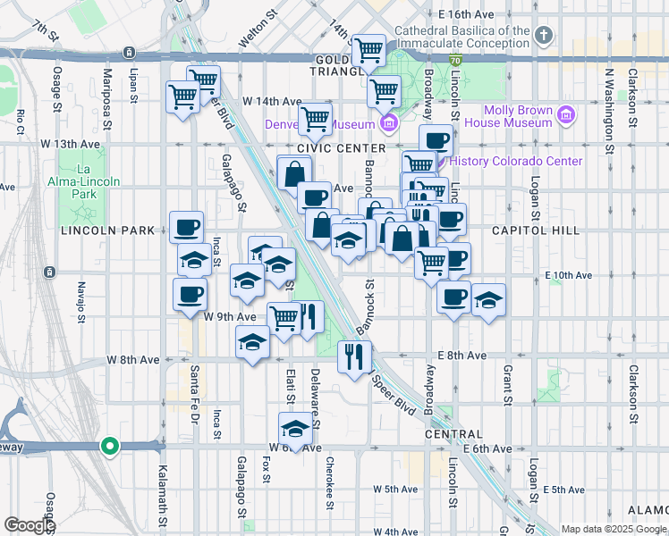 map of restaurants, bars, coffee shops, grocery stores, and more near 1000 Speer Boulevard in Denver