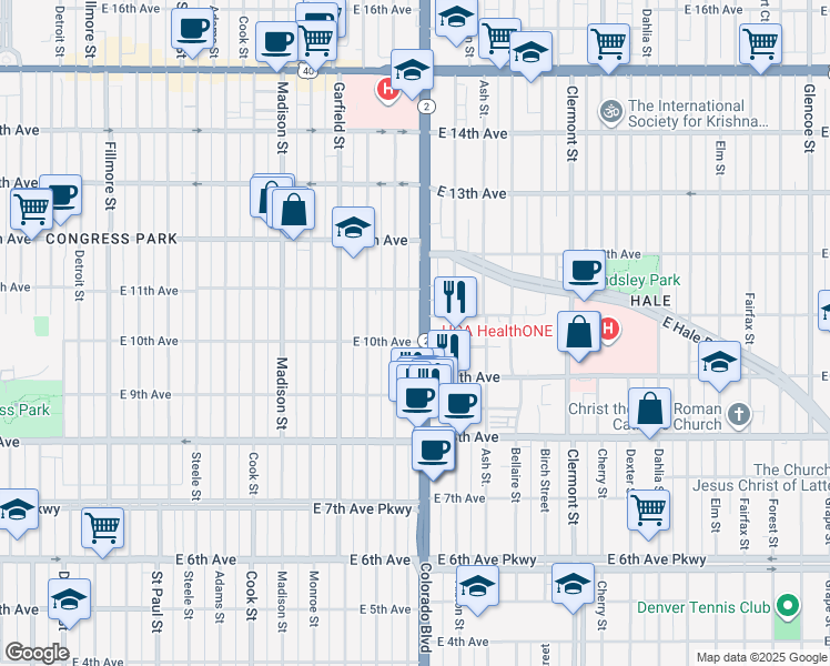 map of restaurants, bars, coffee shops, grocery stores, and more near 1011 Colorado Boulevard in Denver