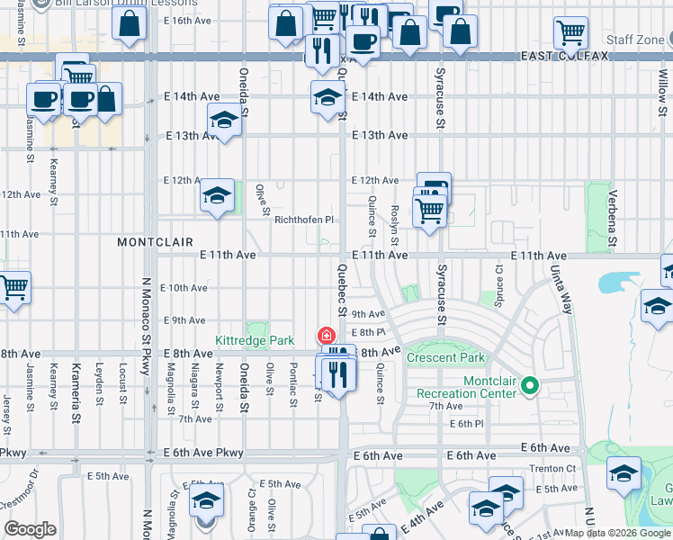 map of restaurants, bars, coffee shops, grocery stores, and more near 1011 Quebec Street in Denver