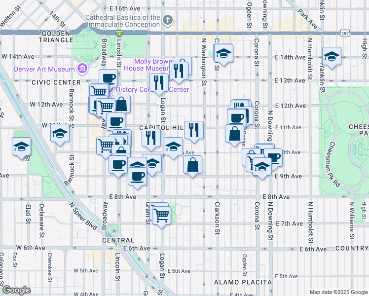 map of restaurants, bars, coffee shops, grocery stores, and more near 555 East 10th Avenue in Denver