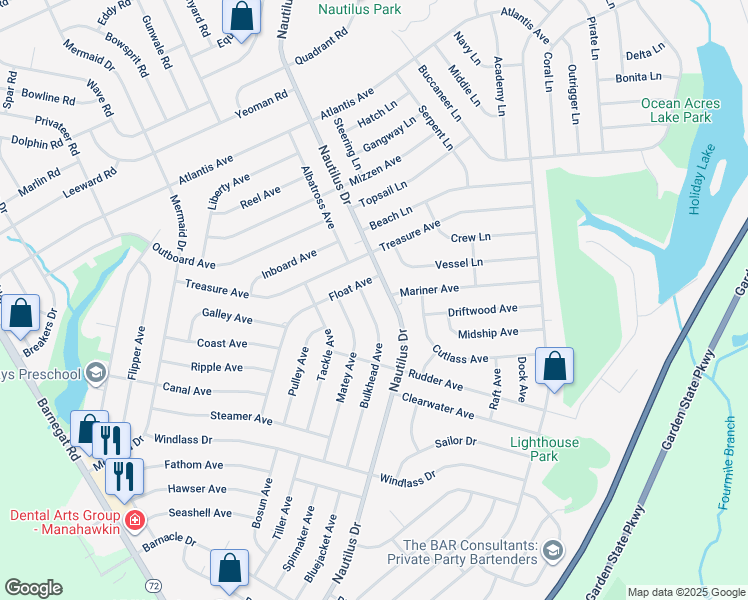 map of restaurants, bars, coffee shops, grocery stores, and more near 305 Bulkhead Avenue in Stafford Township
