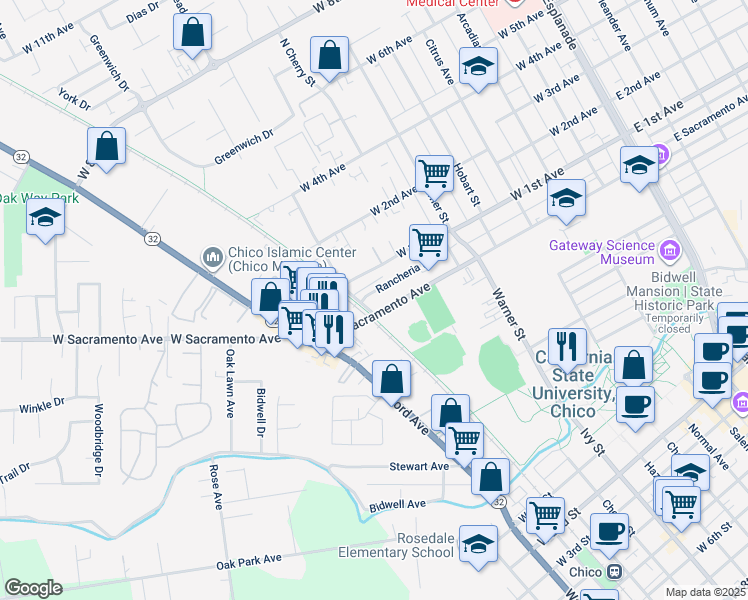 map of restaurants, bars, coffee shops, grocery stores, and more near 811 Rancheria Drive in Chico