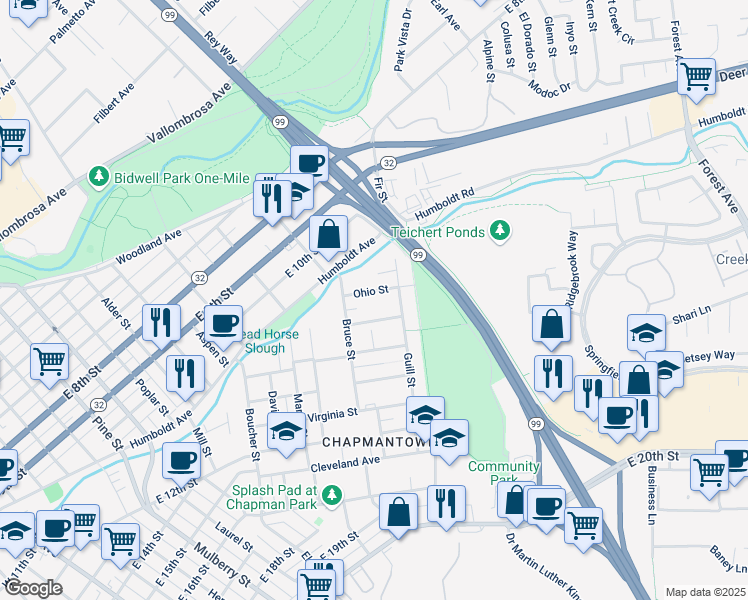 map of restaurants, bars, coffee shops, grocery stores, and more near 970 Madison Street in Chico