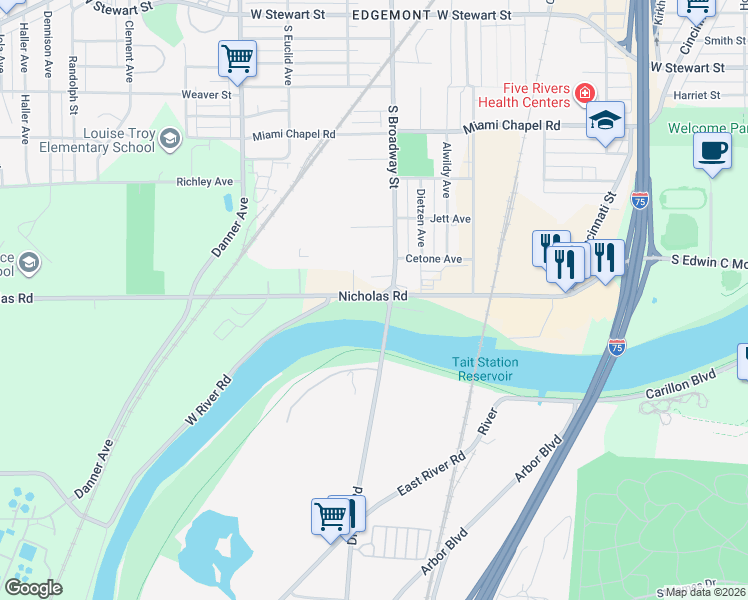 map of restaurants, bars, coffee shops, grocery stores, and more near 1901 Dryden Road in Moraine