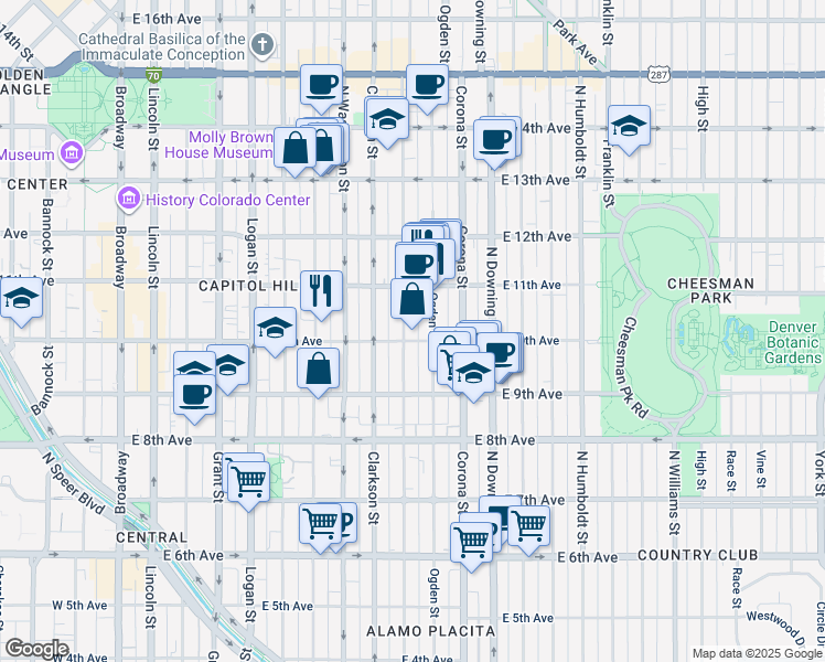 map of restaurants, bars, coffee shops, grocery stores, and more near 1010 Emerson Street in Denver
