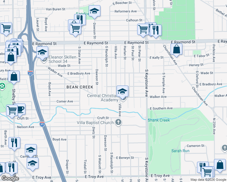 map of restaurants, bars, coffee shops, grocery stores, and more near 2514 Villa Avenue in Indianapolis