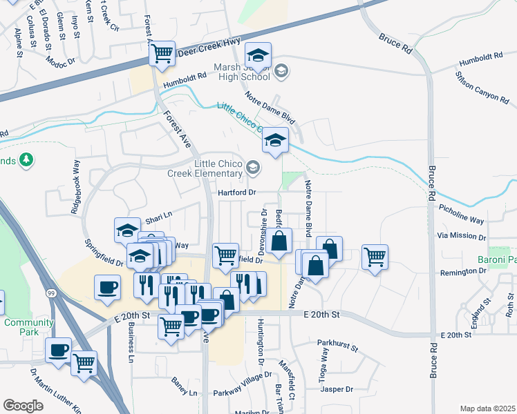 map of restaurants, bars, coffee shops, grocery stores, and more near 2076 Rochester Drive in Chico