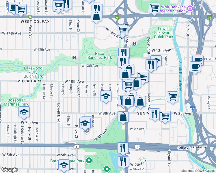 map of restaurants, bars, coffee shops, grocery stores, and more near 940 Hooker Street in Denver