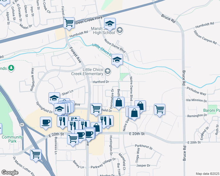 map of restaurants, bars, coffee shops, grocery stores, and more near 2076 Rochester Drive in Chico