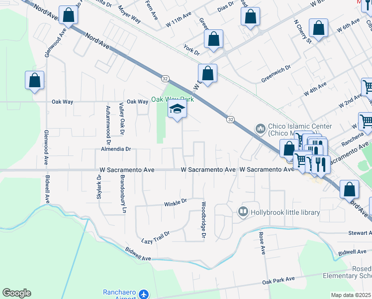 map of restaurants, bars, coffee shops, grocery stores, and more near 1609 West 8th Avenue in Chico